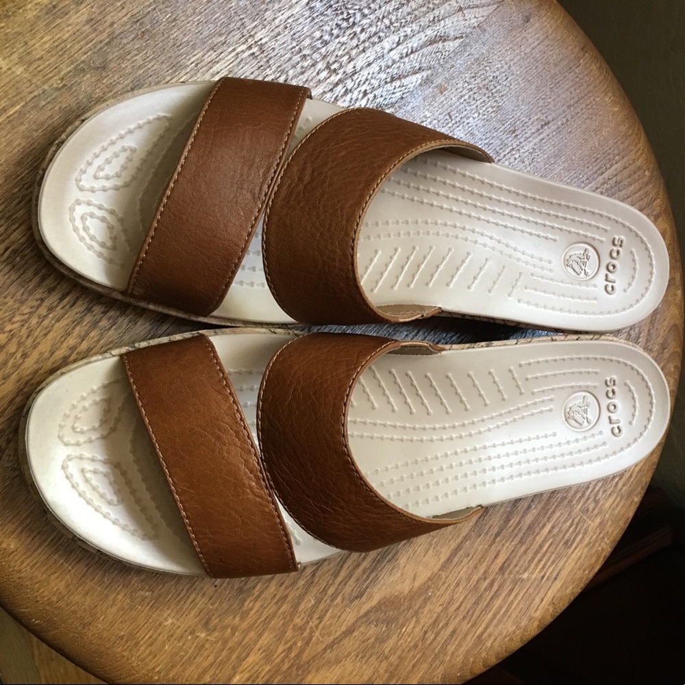 Crocs Women's A-Leigh Leather Mini Wedge Sandals